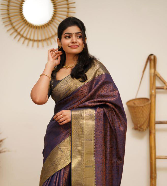 Navy Blue Coloured Exclusive Kubera Pattu Women Party wear Pure Kanjivaram Silk Saree with Brocade Blouse!!