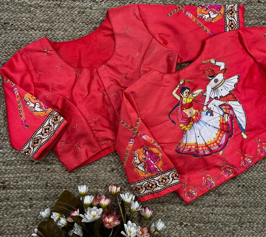 Red & Multi Coloured Pure Silk with Hand work Woman Ready made Designer Botique Navaratri Dandiya Style Blouse- Free Size Up to 42 Inch!!