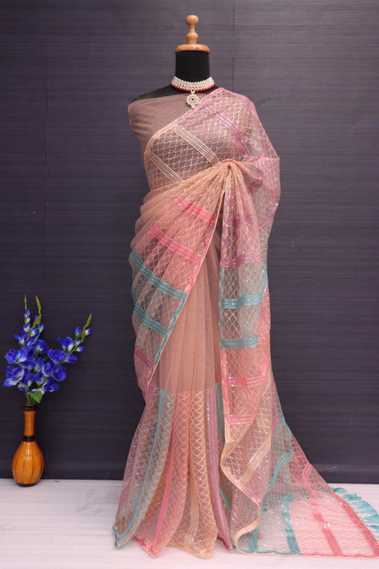 Peach & Multi Coloured Heavy Butterfly Net with Multy Colour Thread And Sequence Embroidery Work Women Designer Party wear Fancy Net Saree with Blouse!!