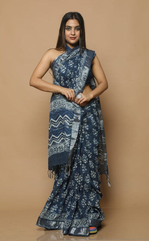 LINEN COTTON HAND BLOCK PRINT SAREE