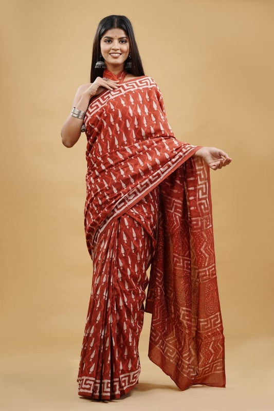 Brick Red & Off White Coloured Beautiful Hand Block printed Women Daily/Party wear Pure Cotton Saree with Blouse!!