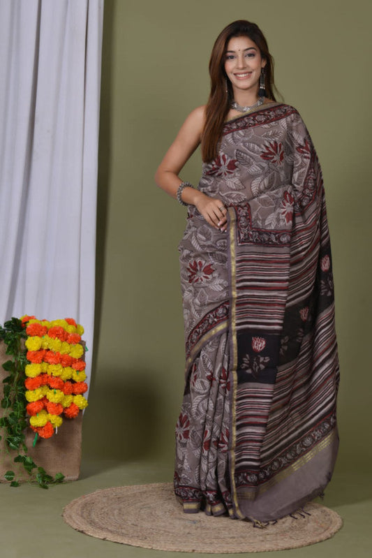 Natural Hand Block Printed Ajrakh Chanderi Cotton Silk Saree!!