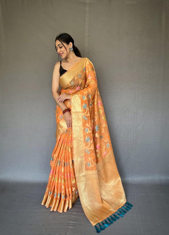 Orange Coloured Pure Organza Tissue Silk with Zari Weaving Meena Work  Women Designer Party wear Silk Saree with Blouse!!