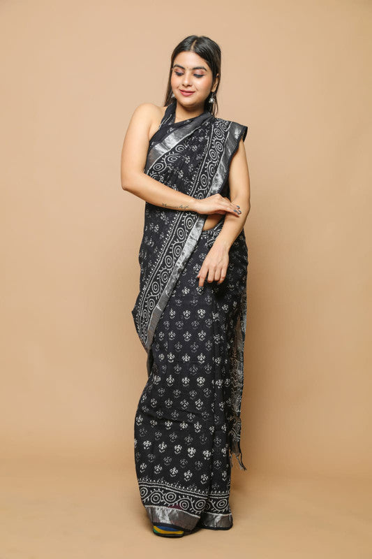 LINEN HAND BLOCK PRINT SAREE