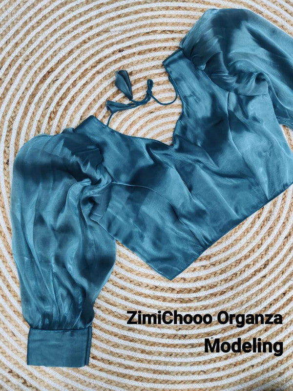 Modeling Blue Coloured Premium Pure Soft ZimiChooo Organza Woman Ready made Designer Croptop cum Blouse- Free Size Up to 40 Inch!!