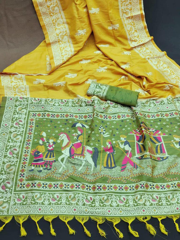 Yellow & Green Coloured Two Tone Weaving with Antique Design Women Party wear Soft Raw Silk Saree with Blouse!!