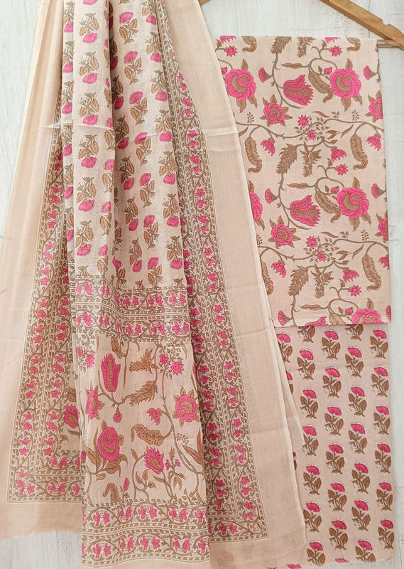 Light Pink & Peach Coloured Unstitched Pure Cotton Hand Block Printed Women Party/Daily wear Dress Material Suit- Top with Bottom & Cotton Dupatta!!