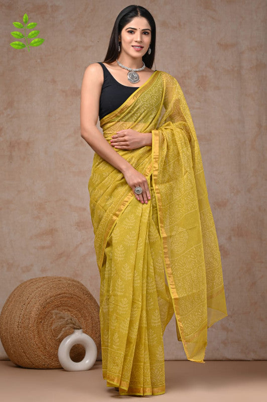 Yellow & Multi Coloured Kota Doriya Cotton Beautiful Hand Block printed Women Daily/Party wear Saree with Blouse!!