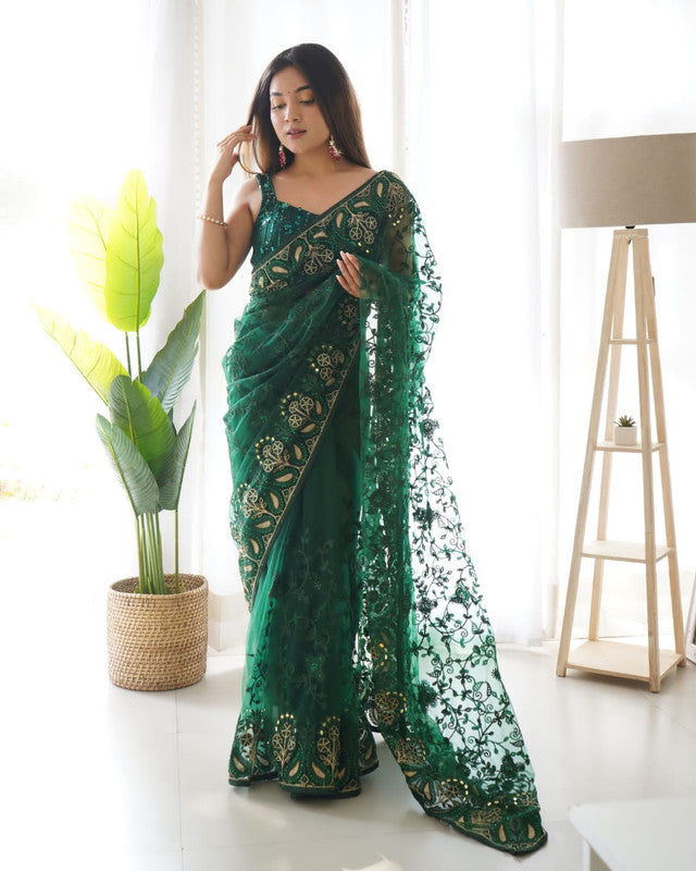 Rama Green Coloured Heavy Butterfly Net with Multi coloured Thread & Aari Embroidery Work Women Designer Party wear Fancy Net Saree with Blouse!!