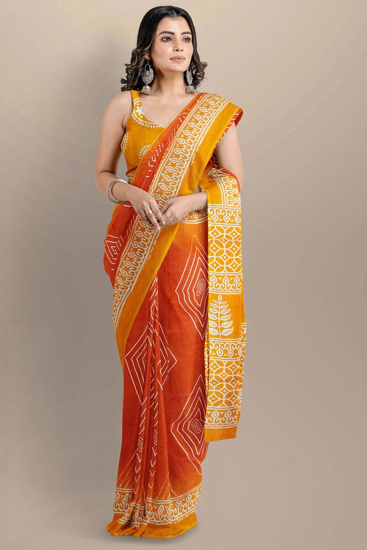 Mustard Yellow & White Coloured Premium Mul Mul Cotton Beautiful Hand Block printed Women Daily/Party wear Saree with Blouse!!