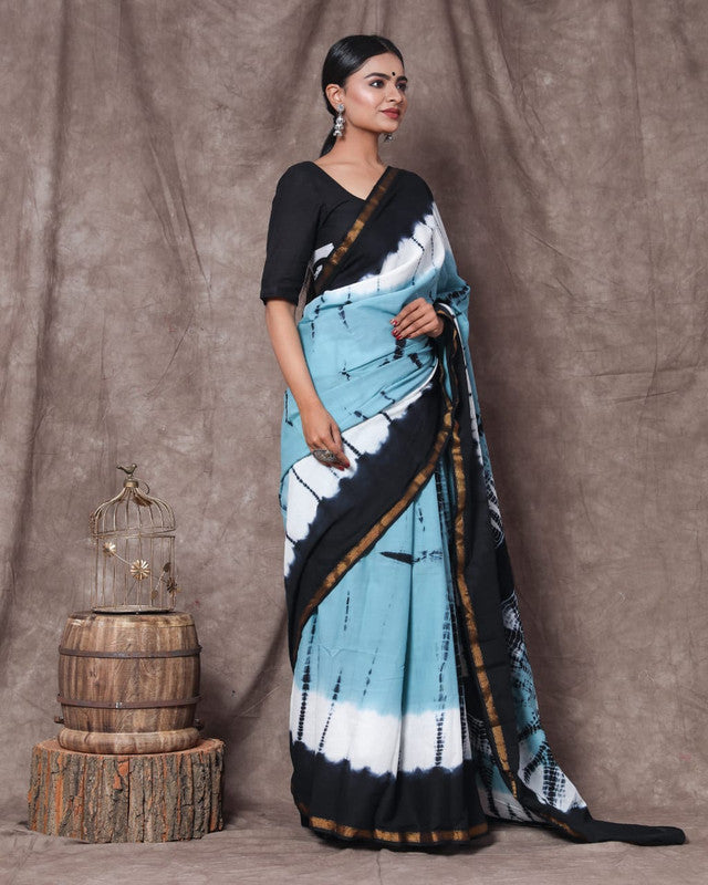 Blue Coloured Cotton Jari Border Print Saree with Blouse!!