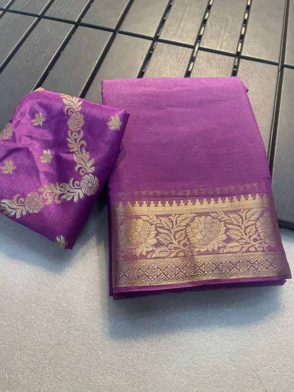 Purple Coloured Shimmer Viscose Chiffon with Wevaing Border Women Festival/Party wear Designer Chiffon Saree with Banarasi Silk Blouse!!