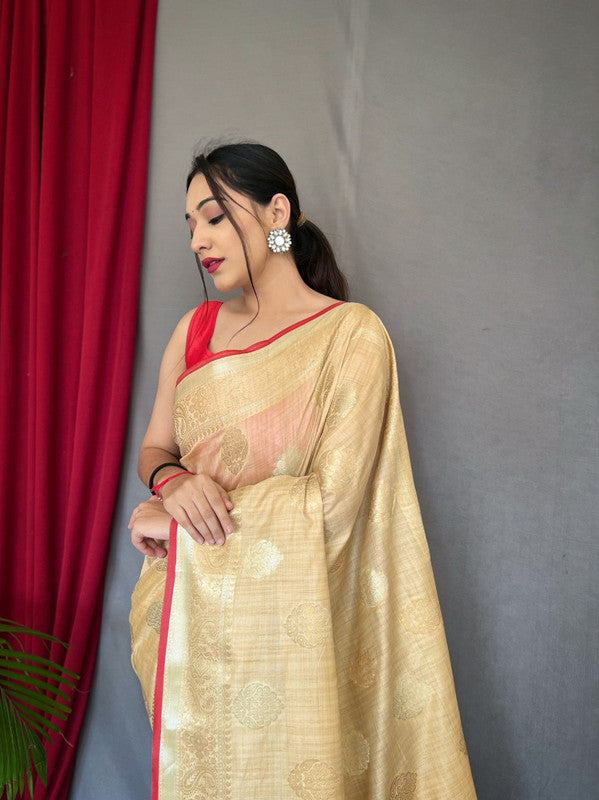 PURE COTTON LINEN SAREE WITH GOLD ZARI MOTTIFS WITH RICH PALLU!!