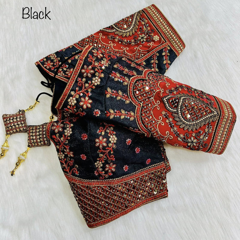 Black Coloured Milan Silk Copper Jari With 4 Sequence Heavy Embroidery Work Ready Made Wedding Blouse!!