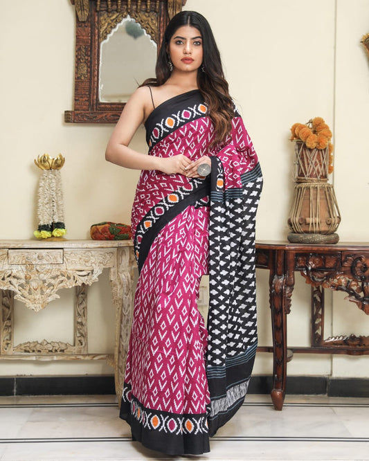 BEAUTIFUL HAND PRINTED MUL COTTON SAREE