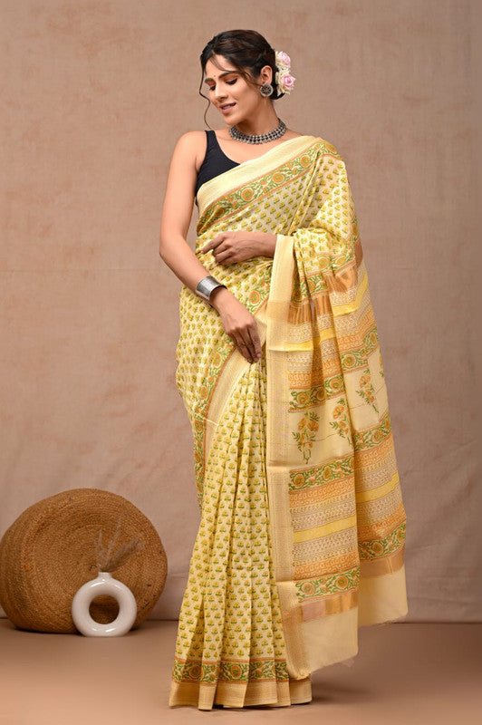 Yellow & Multi Coloured Hand Block Printed Women Designer Party wear Maheshwari Cotton Silk Saree with Runnin Blouse!!