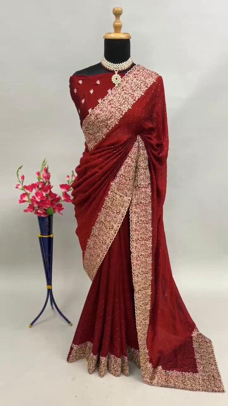 Maroon Coloured Premium Vichitra Silk Embroidered Cutwork Border Women Designer Party wear Fancy Saree with Blouse!!