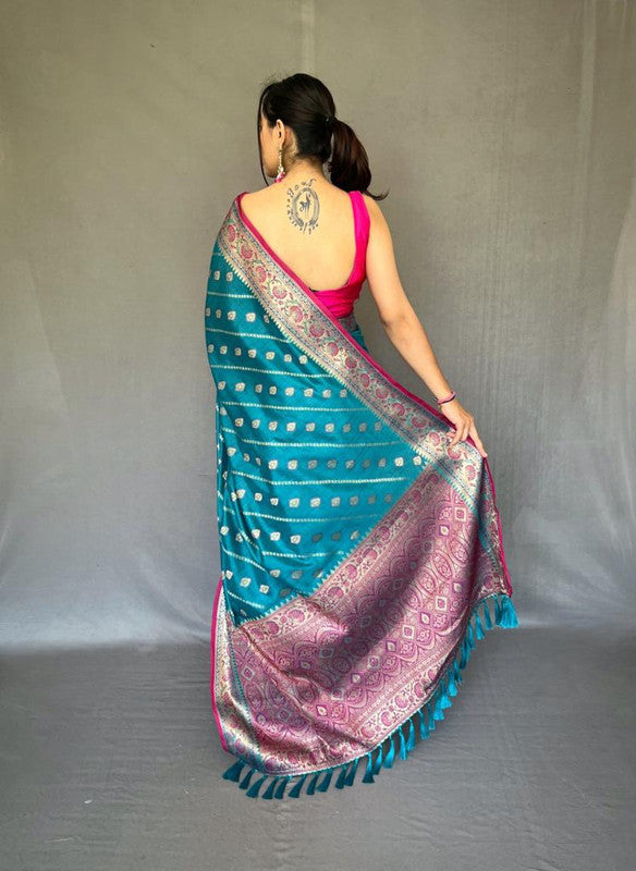 Grandeur Sea Blue and Pink Pure Kanchi Pattu Saree