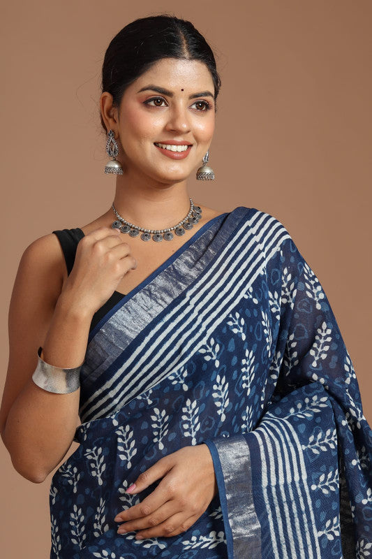 Blue & Multi Coloured Linen Cotton Beautiful Hand Block printed Women Daily/Party wear Saree with Blouse!!