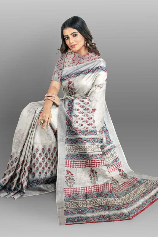 Grey & Multi Coloured Linen Cotton Beautiful Hand Block printed Women Daily/Party wear Saree with Blouse!!