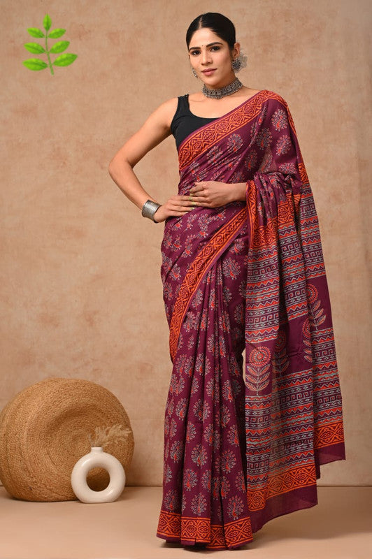 Maroon & Red Coloured Beautiful Hand Block printed Women Daily/Party wear Pure Cotton Saree with Blouse!!