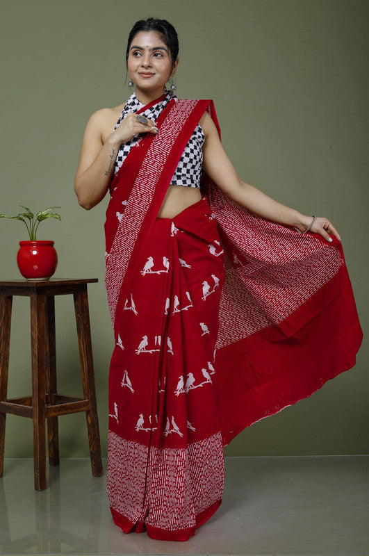 Maroon & White Coloured Hand Printed Super dying Quality Mul Cotton Women Daily wear Saree with Blouse!!