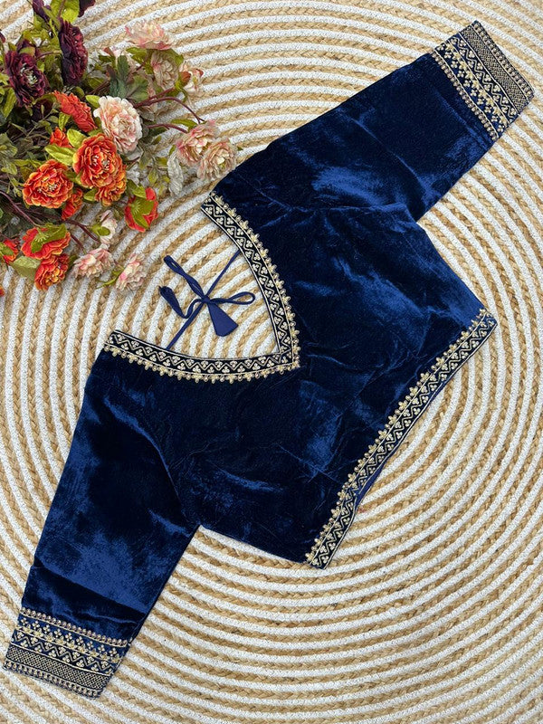 Navy Blue Coloured Premium Pure Velvet Heavy Embroidery & Handwork Woman Ready made Designer Bridal Blouse- Free Size Up to 38 Inch!!