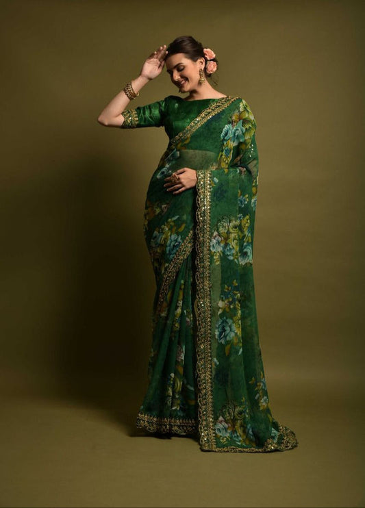 Green Coloured Soft Chiffon Beautiful floral Print Sequence Lace border & Embroidery Work Saree with Blouse!!