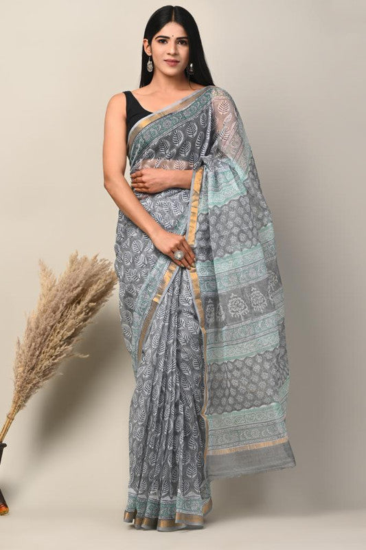 Grey & Multi Coloured Kota Doriya Cotton Beautiful Hand Block printed Women Daily/Party wear Saree with Blouse!!