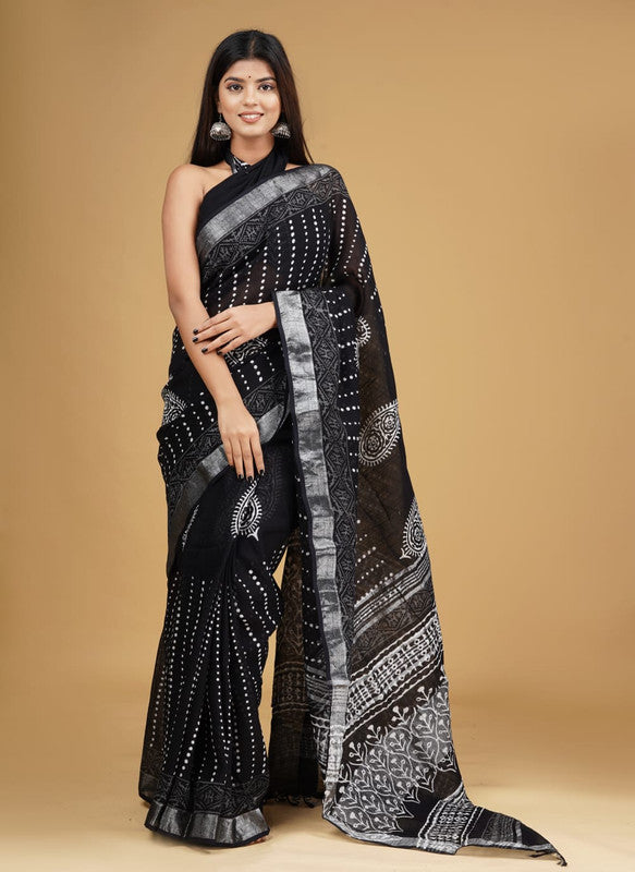 Black Coloured Linen Hand Block Print Saree with Linen Blouse!!