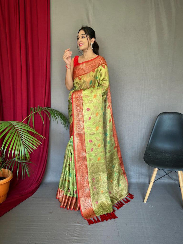 Parrot Green & Multi Coloured Beautiful Meena Work with Elegant Jaal Women Party wear Pure Tissue Silk Saree with Blouse!!