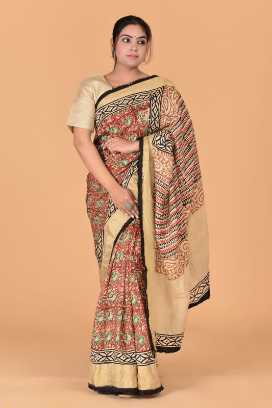 Beige & Multi Coloured Hand Block Printed Silk border Chit Pallu Women Designer Party wear Cotton Silk Saree with Zari Blouse!!