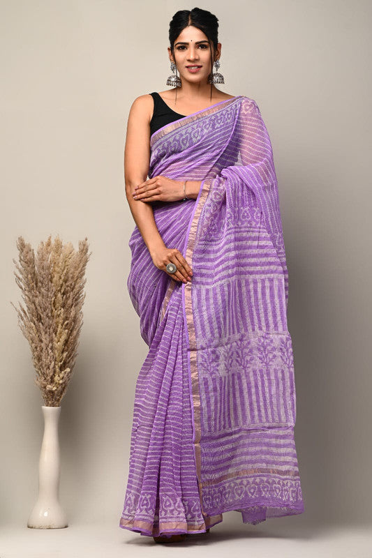 Purple & Multi Coloured Kota Doriya Cotton Beautiful Hand Block printed Women Daily/Party wear Saree with Blouse!!