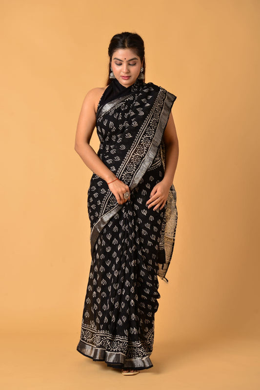 Black & Silver Coloured Linen Cotton with Beautiful Hand Block Printed Women Party/Daily wear Designer Linen Cotton Saree with Blouse!!