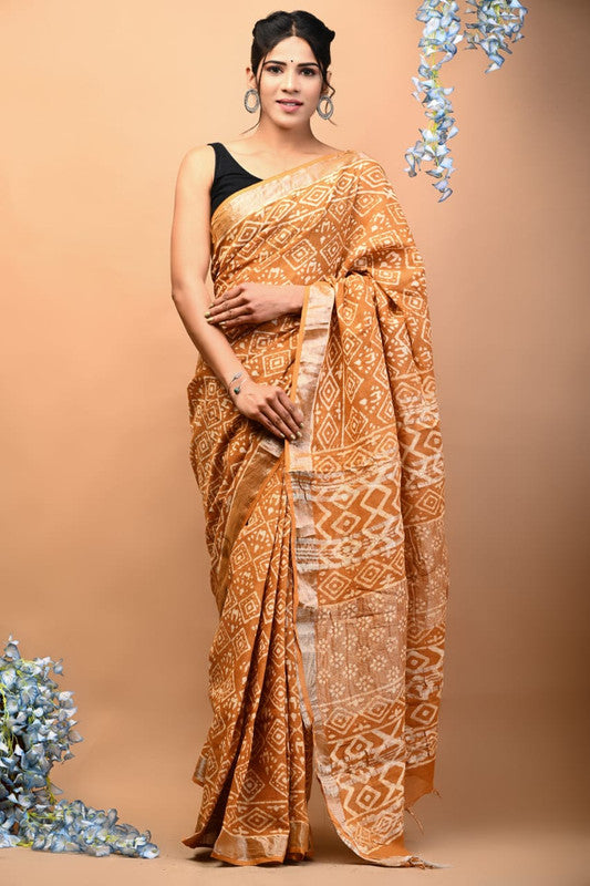 Light Yellow & Multi Coloured Linen Cotton Beautiful Hand Block printed Women Daily/Party wear Saree with Blouse!!