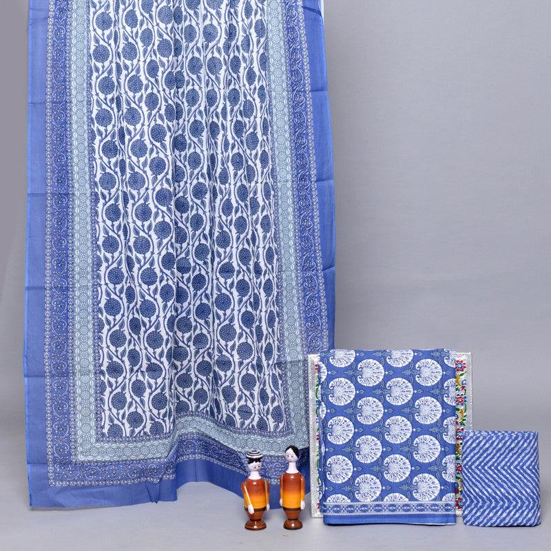 Blue & White Coloured Unstitched Pure Cotton Exclusive Hand Block Printed Women Party/Daily wear Dress Material Suit- Top with Bottom &  Mul Cotton Dupatta!!