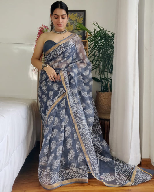 Blue & Multi Coloured Kota Doriya Cotton Beautiful Hand Block printed Women Daily/Party wear Saree with Blouse!!