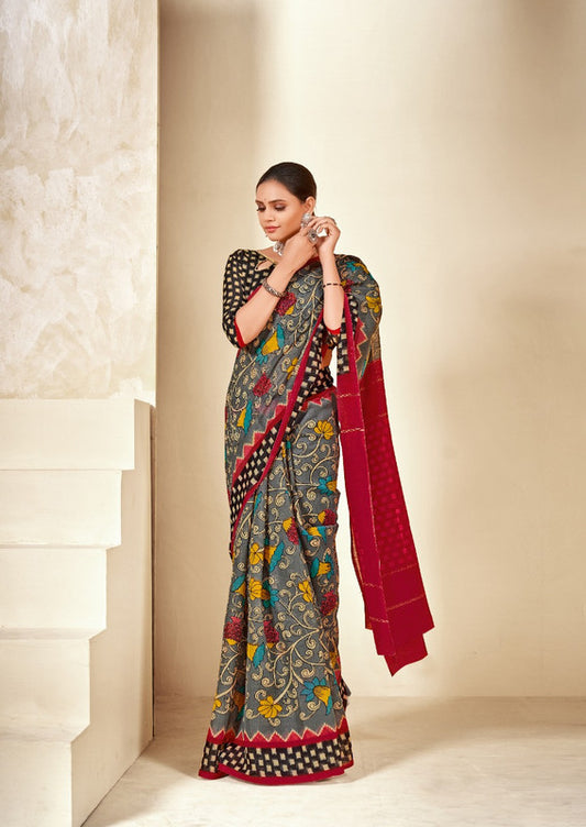 Grey & Multi Coloured Soft Chanderi Cotton with Bagru Print Women Party wear Saree with Beautiful matching Blouse!!