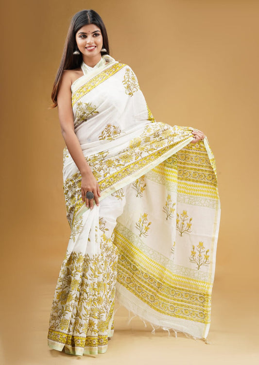 CHANDERI BLOCK PRINTED COTTON SAREE