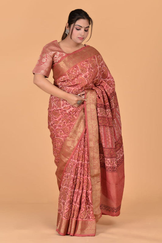 Pink & Multi Coloured Azarakh Hand Block Printed Silk border Women Designer Party wear Cotton Silk Saree with Zari Blouse!!