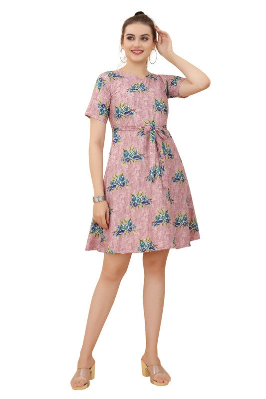 Pink & Multi Coloured Premium Crepe Printed Short Sleeves Round Neck Women Daily wear Western Dress!!