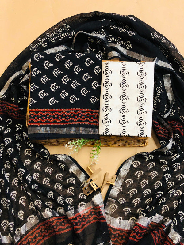 Black & White Coloured Unstitched Linen Cotton Block Printed Women Party/Daily wear Dress Material Suit- Top with Bottom & Linen Dupatta!!
