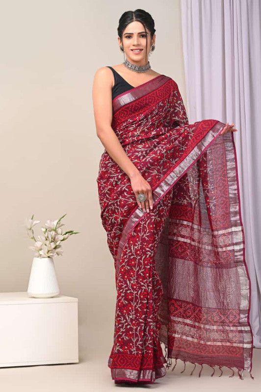 Maroon & Multi Coloured Linen Cotton Beautiful Hand Block printed Women Daily/Party wear Saree with Blouse!!