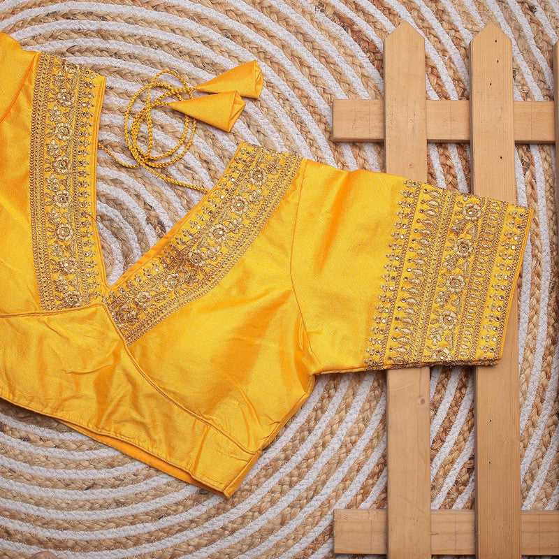 Yellow Coloured Pumpkin Silk with Embroidery work & Sequence Woman Designer Wedding Ready made Blouse - 38 Size Fits Up to 40 Inch!!