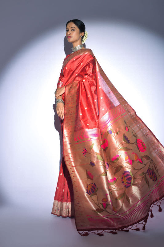 Red Tussar silk Pure Paithani Silk Saree with pure zari woven broad border!!