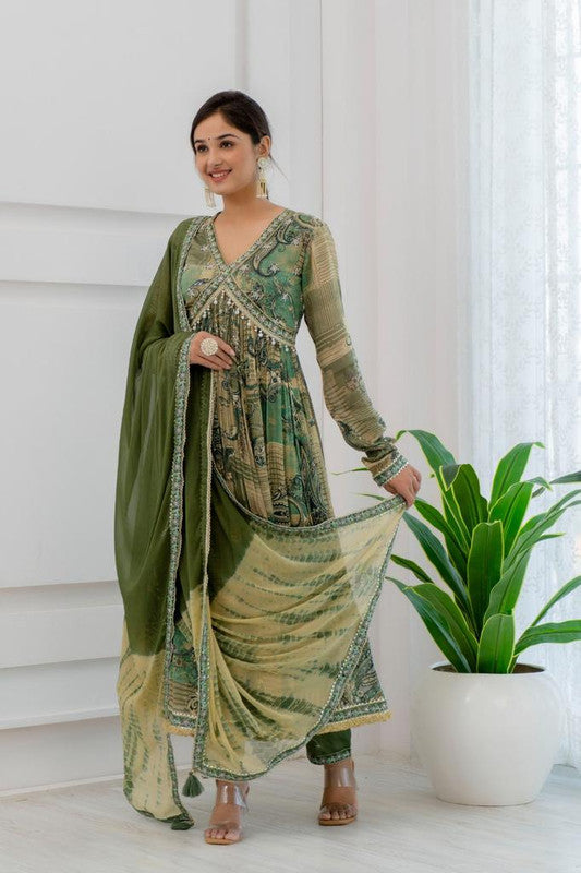 Mehera Green Coloured Premium Chinon Embroidery with Mirror Work Women Designer Party wear Floral Alia Cut Suit with Pant & Dupatta!!
