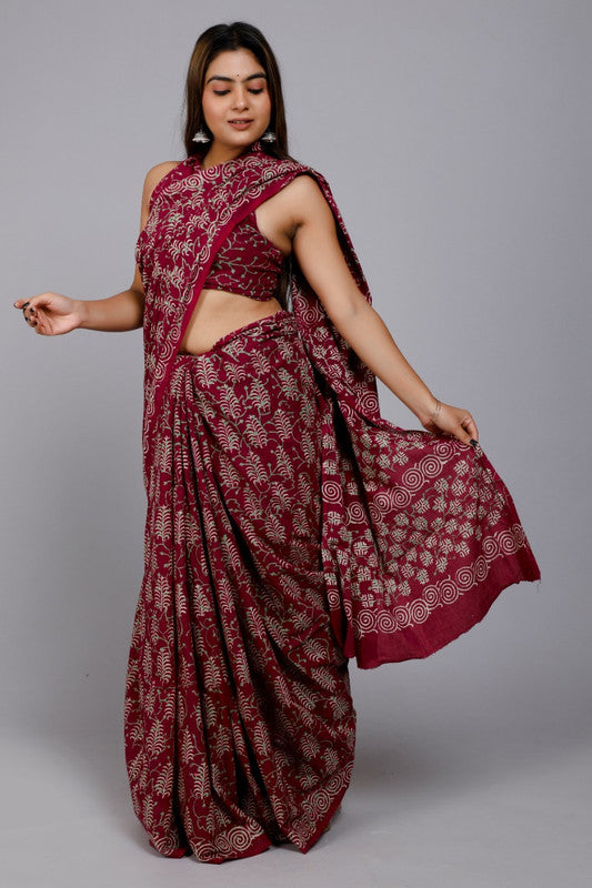 Maroon Beautiful Hand Block Printed Cotton Saree with Blouse!!