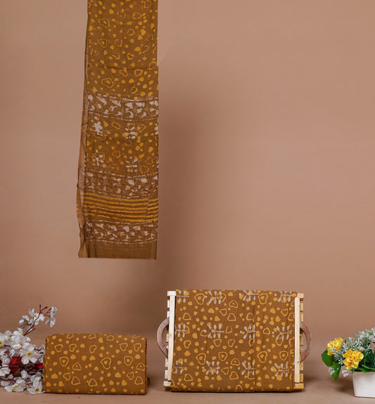 Brown & Mustard Yellow Coloured Exclusive Unstitched Pure Cotton Hand Block Printed Party wear Dress Material Suit!!