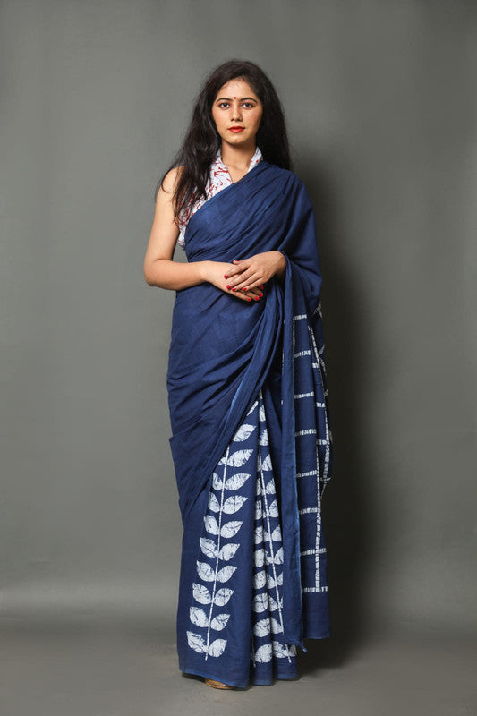 Blue & White Coloured Beautiful Hand Block printed Women Daily/Party wear Pure Mul Cotton Saree with Blouse!!