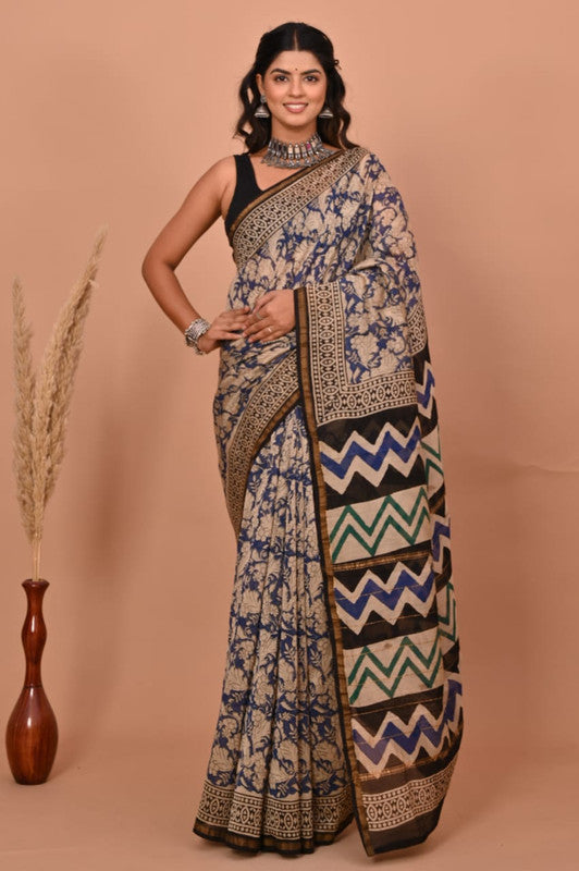 Blue & Multi Coloured Hand Block Printed Women Designer Party wear Chanderi Cotton Silk Saree with Runnin Blouse!!